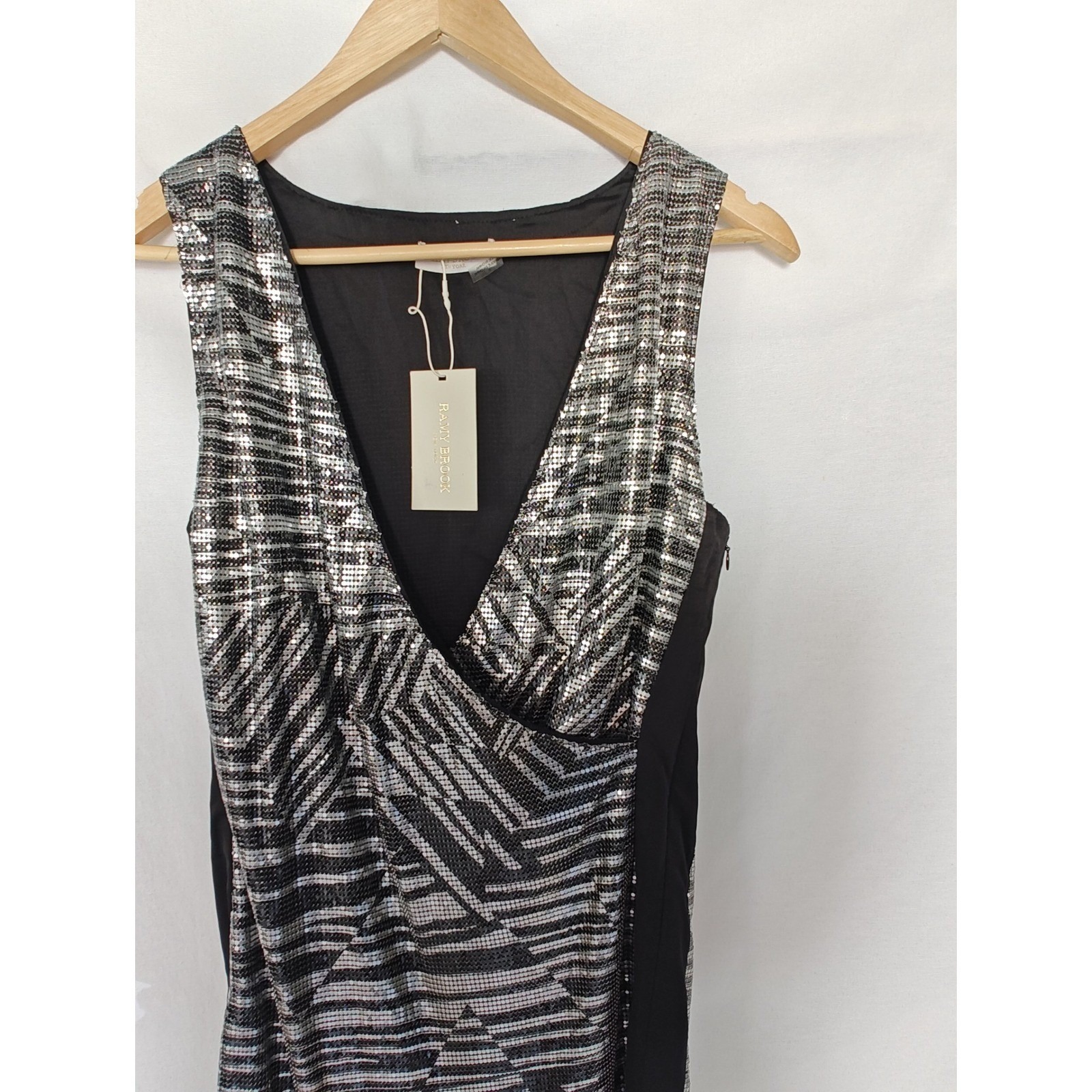 Ramy Brook Dress Printed Lola Black Silver Wrap Mini 2 Metal Relaxed Deep V New — image 6 of 8